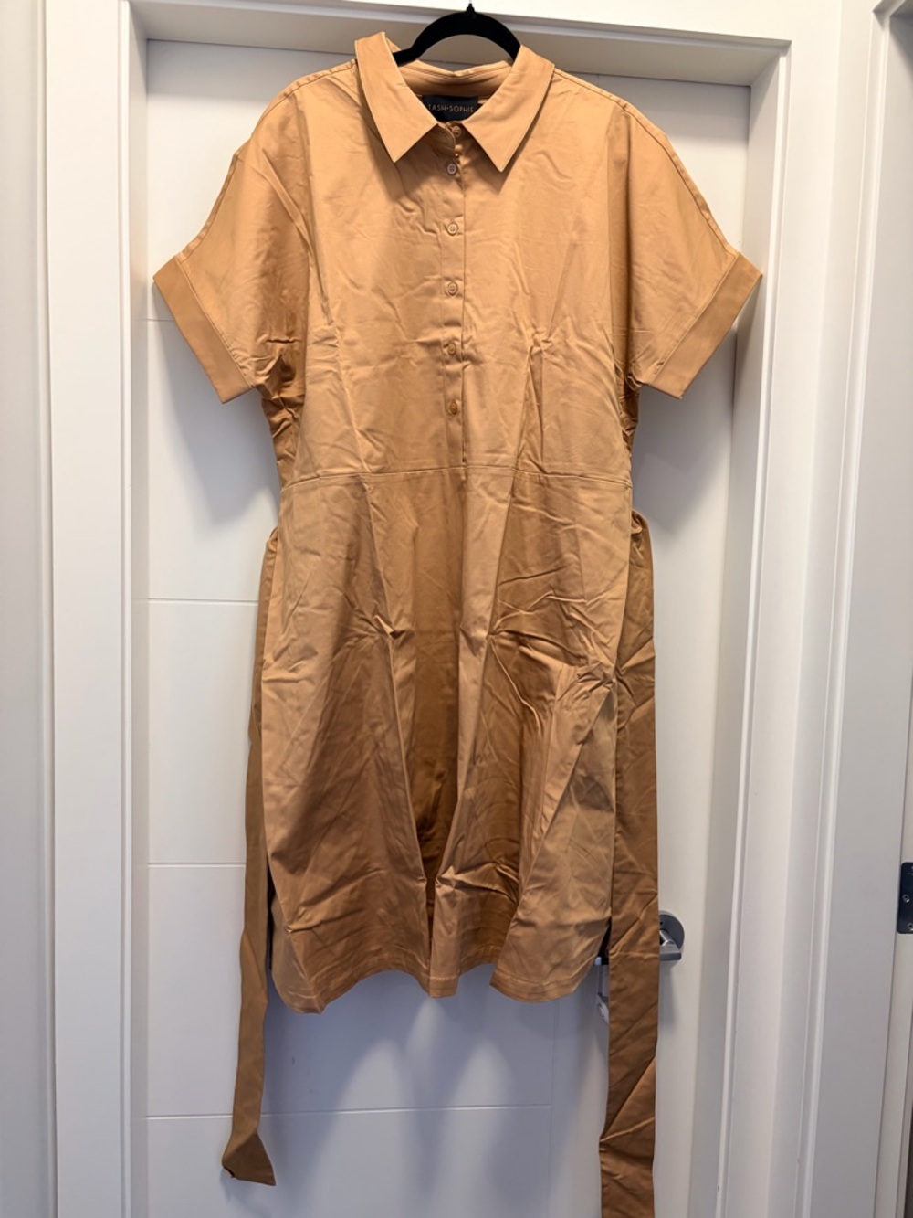 Short-Sleeve Tan Shirt Midi Dress with Tie Waist